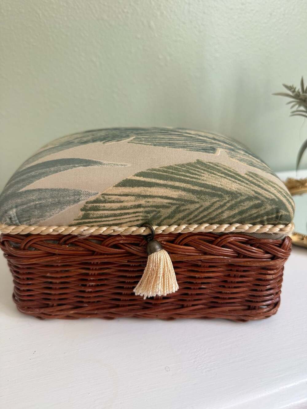 Vintage Wicker and Palm Print Upholstered Jewelry Box with Tassel